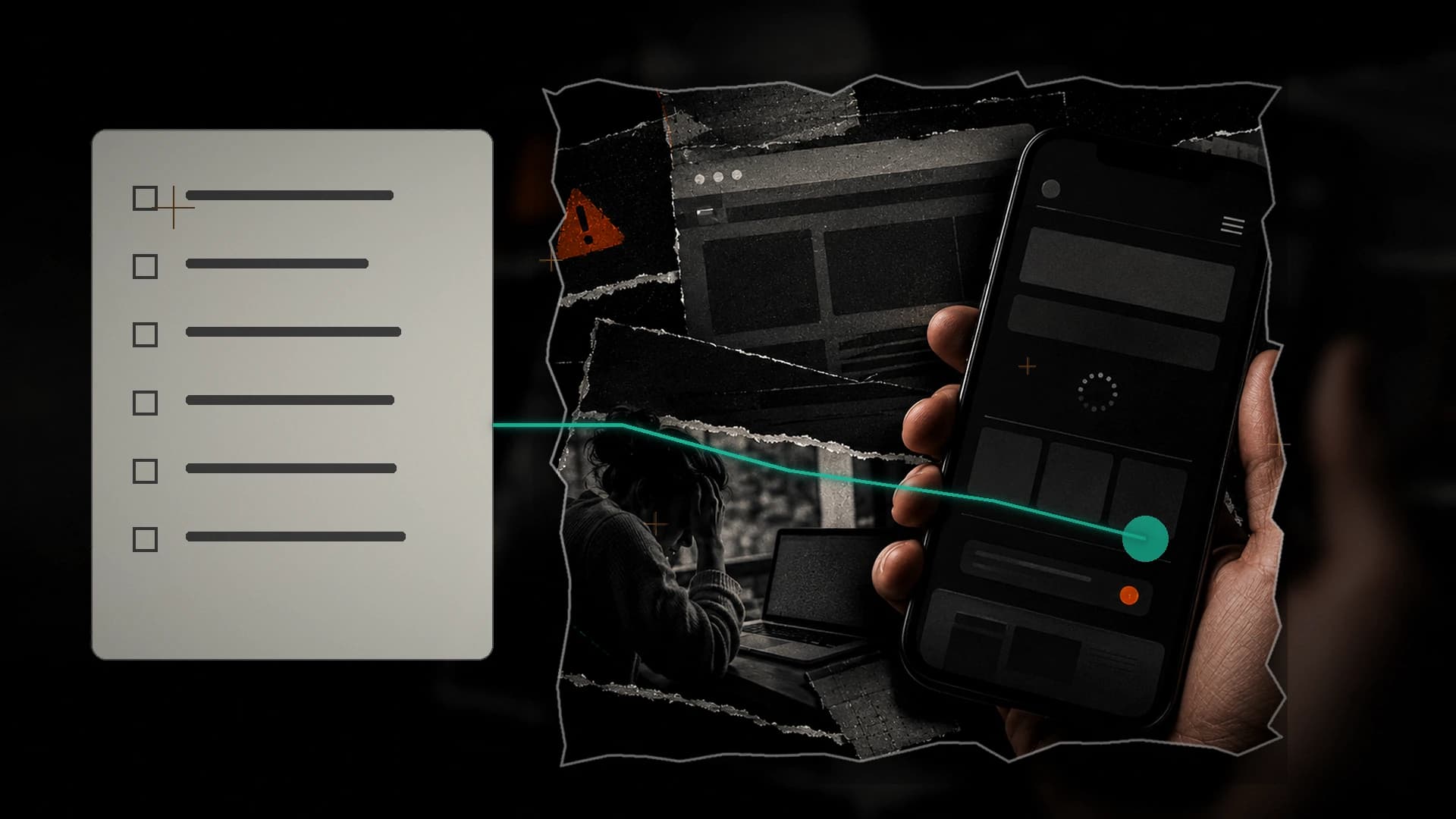 Checklist visual ao lado de um celular exibindo uma página com sinais de carregamento e alerta.