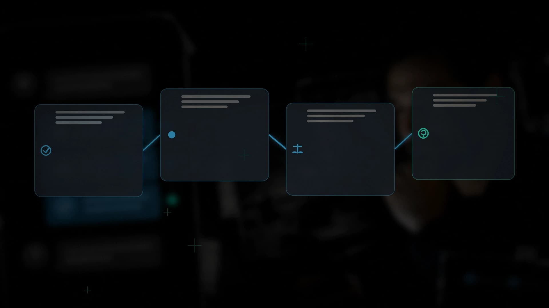 Quatro cartões conectados representando as etapas de uma resposta comercial.