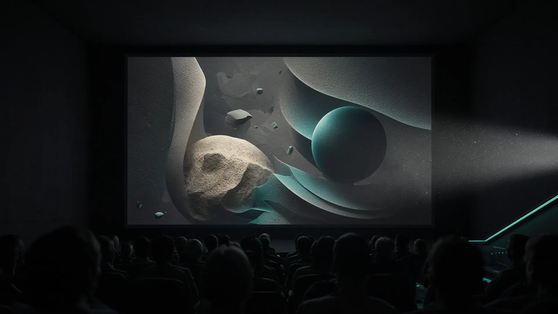 Tela de cinema exibindo uma cena impossível enquanto a plateia assiste tranquila, ciente da ficção.