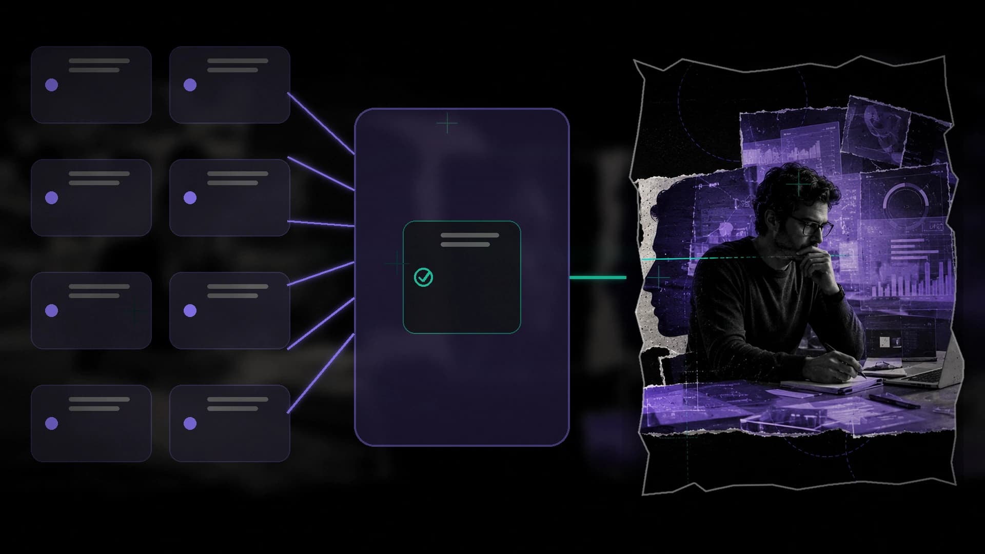 Tarefas repetitivas convergindo para uma pessoa que trabalha com apoio de interfaces digitais.