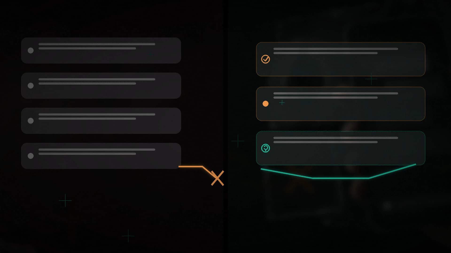 Comparação visual entre uma sequência de mensagens interrompida e uma conversa organizada.