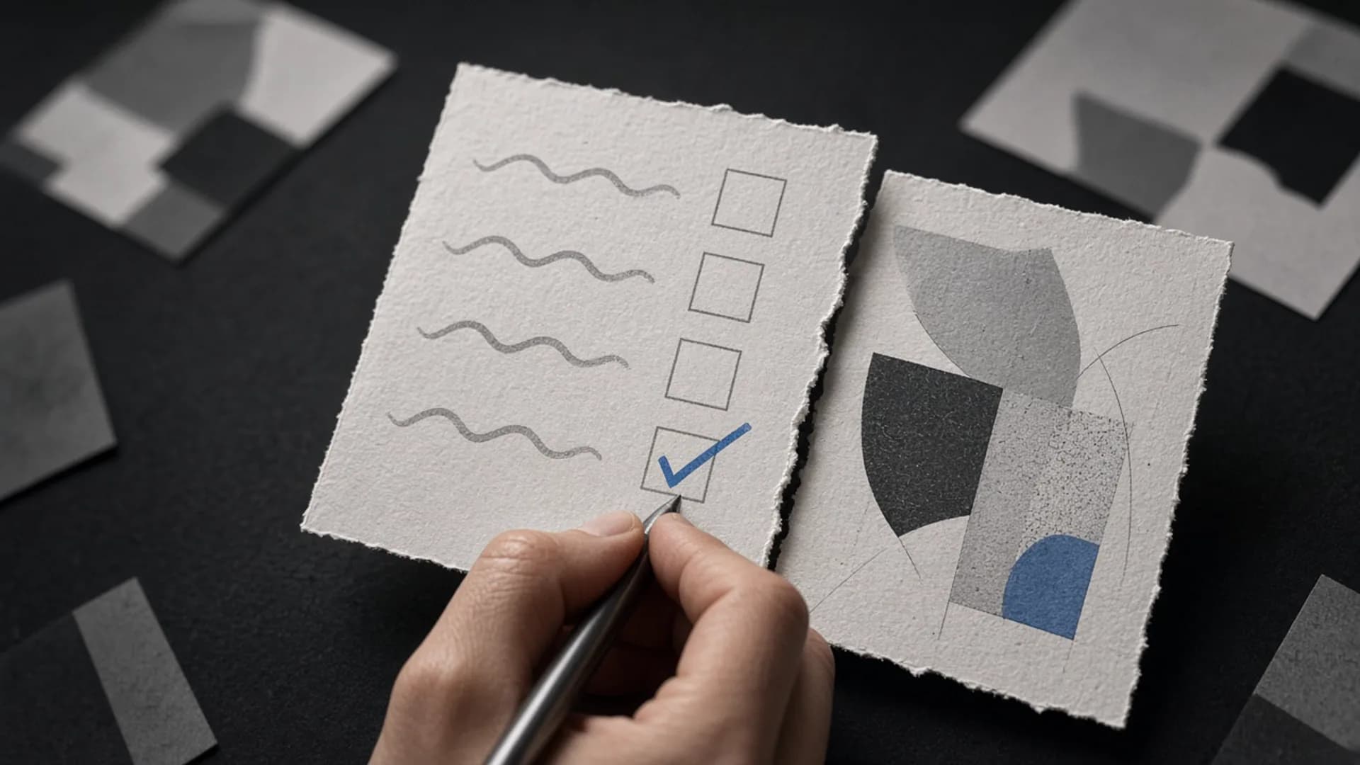 Checklist físico sem palavras legíveis ao lado de uma peça aprovada, com uma mão marcando o último item.